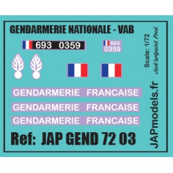 MAQUETTE JAPMODELS- DECALCOMANIES - GENDARMERIE PREVOTE - VAB 4X4 - SCALE 1/72 - REF :JAP GEND 7203
