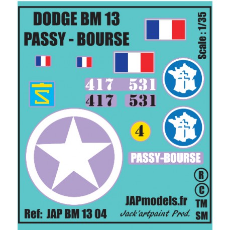 Décals 2 DB - JapModels - DODGE - PASSY BOURSE- Echel le 1/35 - REF JAP BM13 04